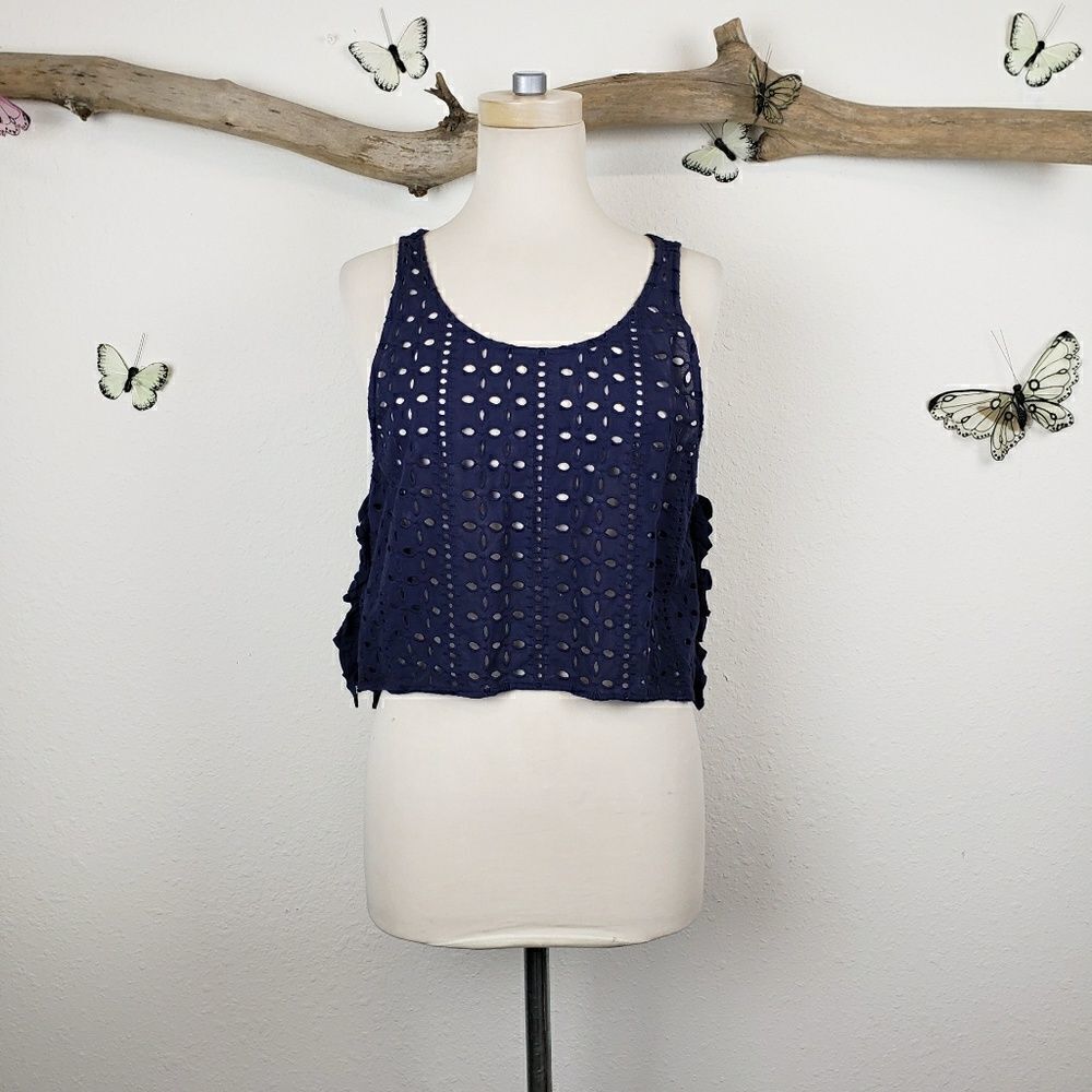 Aqua cropped eyelet tank top side ruffle